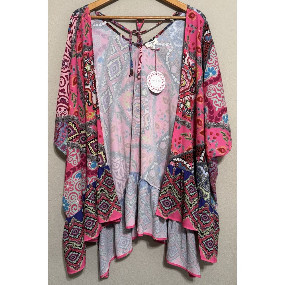 Umgee Kimono Floral Ruffle Trim Wide Sleeve‎ Colorful M / L Boho Hippie Festival
